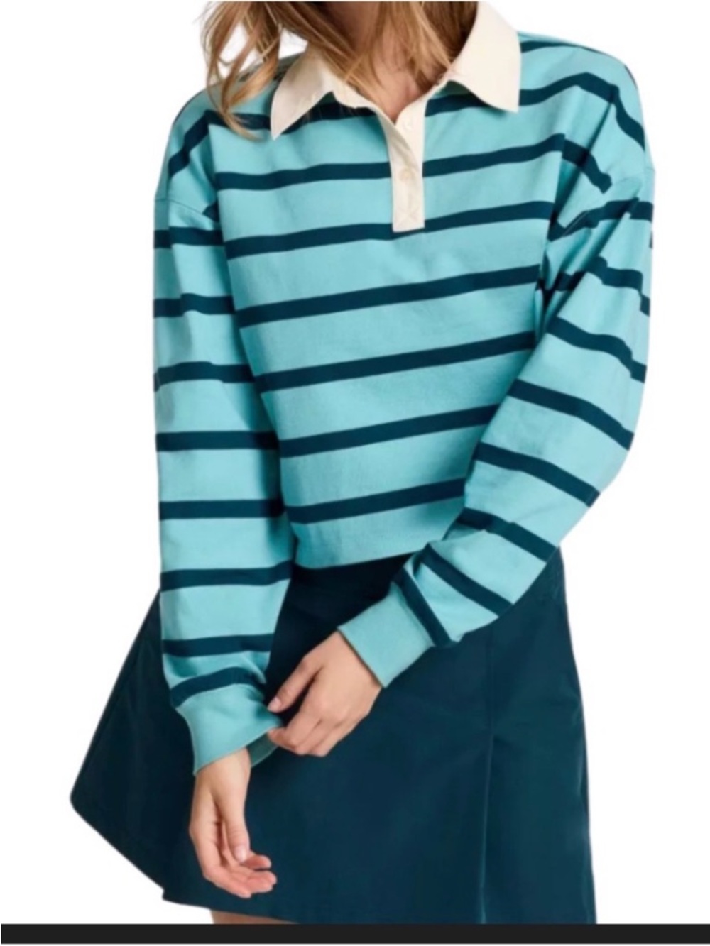 Champion Point Cropped Rugby Tee Milky Way Stripe Blue Collared Var Sizes NWT - Picture 2 of 8